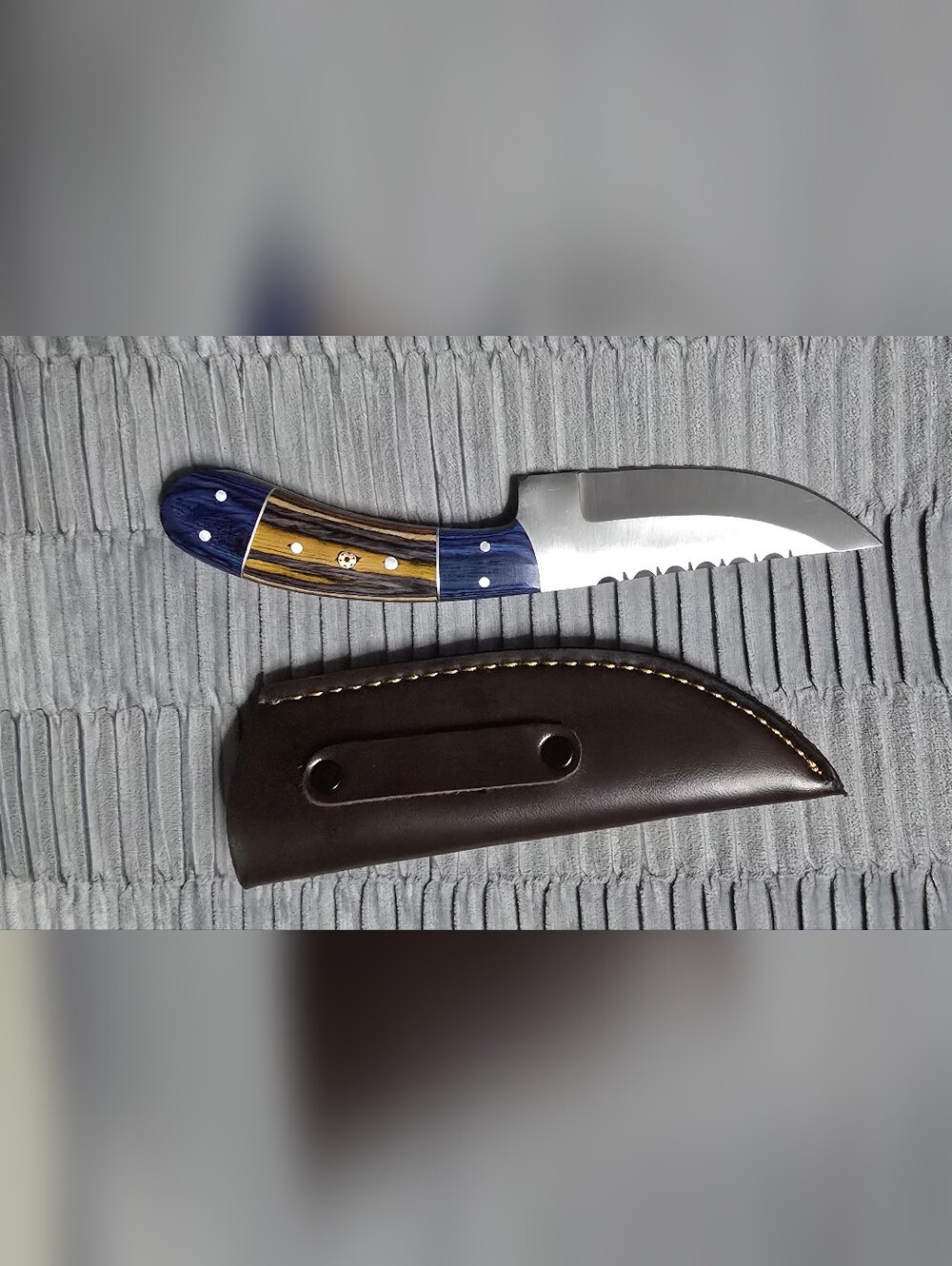 Blue & Wood Handle Stainless Steel Fixed Blade Knife with Sheath
